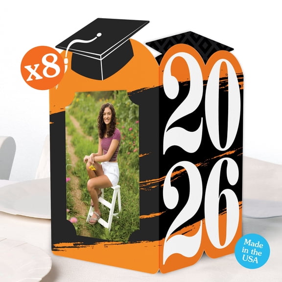 Big Dot of Happiness Orange 2026 Graduation Photo Holder Centerpieces, 4x6 Picture Display Box, Table Decoration Centerpiece for Orange Grad Party Decor, 8 Count