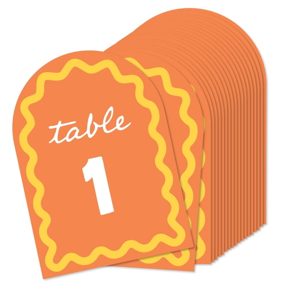 Big Dot of Happiness Orange and Yellow Wavy Table Numbers, Retro Wedding or Birthday Party Decor Centerpieces, Double-Sided 5 x 7 inches Cards, Table Numbers - 1-20