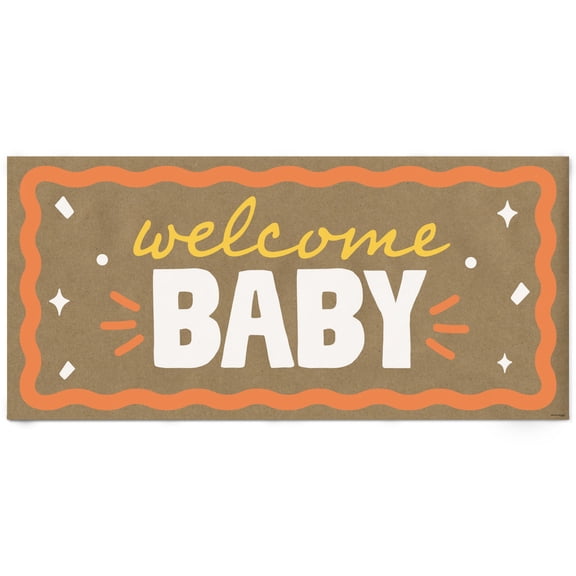 Big Dot of Happiness Orange and Yellow Wavy Welcome Baby Kraft Paper Banner, Retro Baby Shower Banner Backdrop, Printed Brown Paper Party Sign Decoration  1 Count