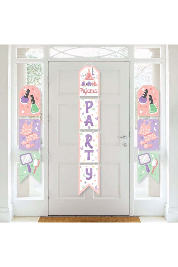 Pajama Slumber Party - Hanging Vertical Paper Door Banners - Girls Sleepover Birthday Party Wall Decoration Kit Indoor Door Decor
