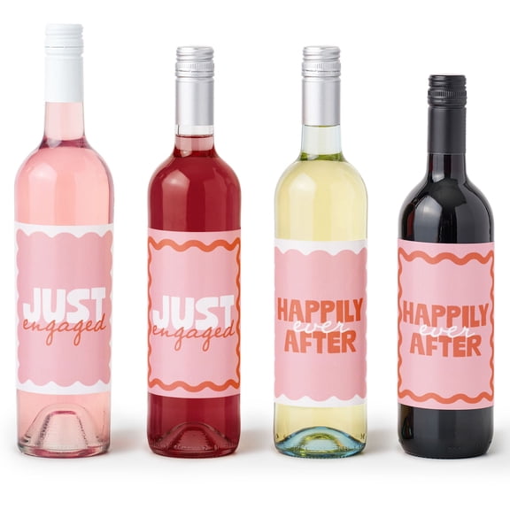 Big Dot of Happiness Pink and Orange Wavy Engagement Party Wine Labels for Bottles, Retro Wedding Gift Decorations for Women and Men, Just Engaged Wine Bottle Label Stickers - Set of 4