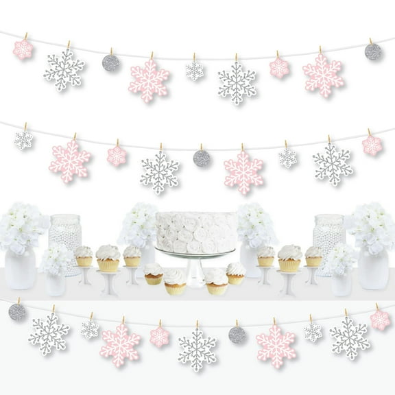 Big Dot of Happiness Pink Winter Wonderland - Holiday Snowflake Birthday Party and Baby Shower DIY Decorations - Clothespin Garland Banner - 44 Pieces