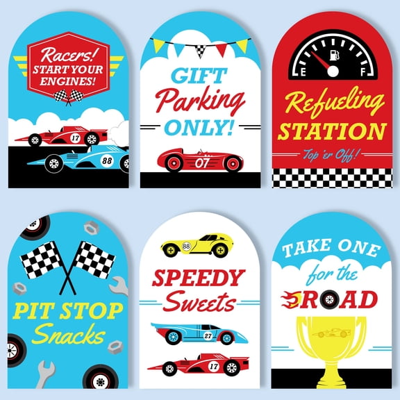Big Dot of Happiness Race Car Party Signs with Stand Set, Table Sign Bundle for Pit Stop Snacks, Sweets, Fuel Drinks, Cards & Gifts, Favors, Racing Baby Shower, Kids Birthday Table Decor, 6 Ct