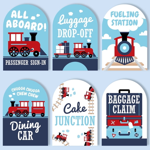 Big Dot of Happiness Railroad Train Party Signs with Stand Set, Table Sign Bundle for Food, Cake, Drinks, Cards & Gifts, Guestbook, Party Favors, Steam Train Birthday or Baby Shower Table Decor, 6 Ct