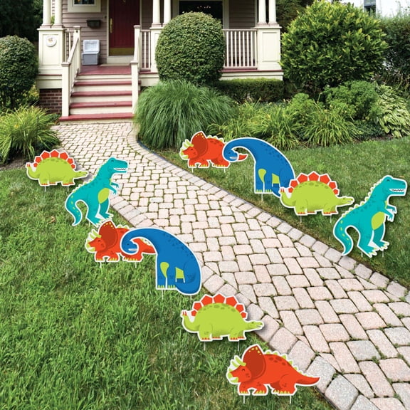 Big Dot of Happiness Roar Dinosaur - T-Rex Triceratops Stegosaurus & Brontosaurus Lawn Decor - Outdoor Baby Shower or Birthday Party Yard Decor -10 Pc