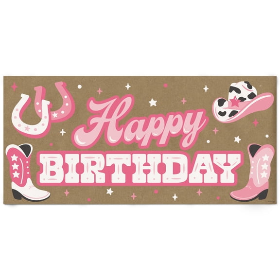 Big Dot of Happiness Rodeo Cowgirl Birthday Kraft Paper Banner, Pink Western Happy Birthday Party Banner, Printed Brown Paper Party Sign Decoration  1 Count