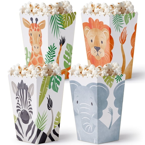 Big Dot of Happiness Safari Animals Popcorn Boxes, Jungle Birthday Party or Baby Shower Favors, Assorted Treat Boxes of Giraffe, Lion, Zebra, Elephant - Set of 12