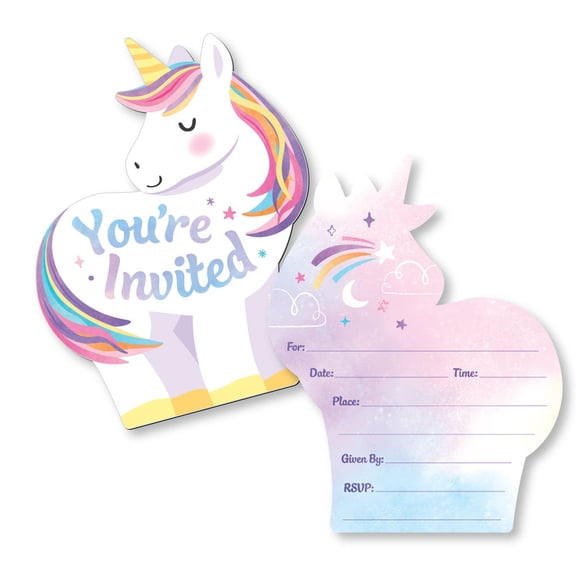 Big Dot of Happiness Unicorn Birthday Invitations with Envelopes, You're Invited Unicorn-Shaped Party Fill-In Invitation Flat Cards Girls' Birthday - Set of 12