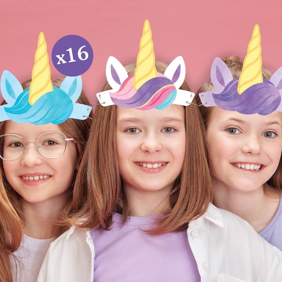 Big Dot of Happiness Unicorn Party Paper Crowns, Rainbow, Pink, Purple, or Blue Headbands for Girls Birthday Party, DIY Unicorn Party Hat Favors - 16 Count