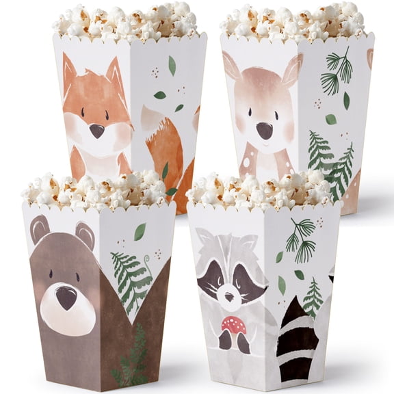 Big Dot of Happiness Woodland Animals Popcorn Boxes, Forest Baby Shower or Birthday Party Favors, Assorted Treat Boxes of Bear, Fox, Deer, Raccoon - Set of 12