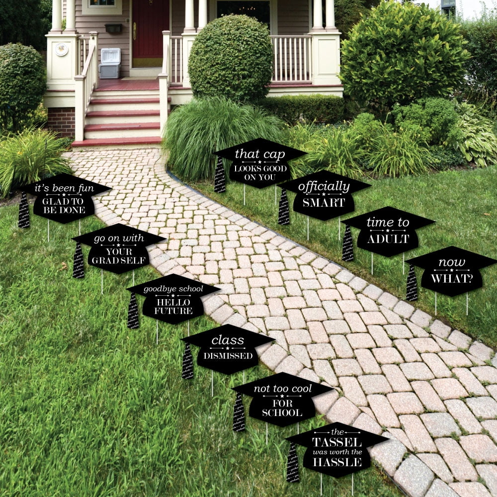 Black and White Graduation Cap Shaped Outdoor Yard Signs with Stakes