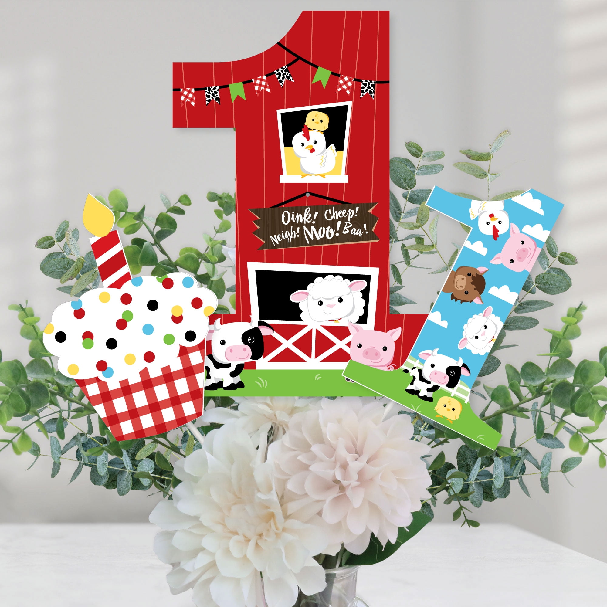 Big Dot of Happiness 1st Birthday Farm Animals - Barnyard First Birthday Party Centerpiece Sticks - Table Toppers - Set of 15