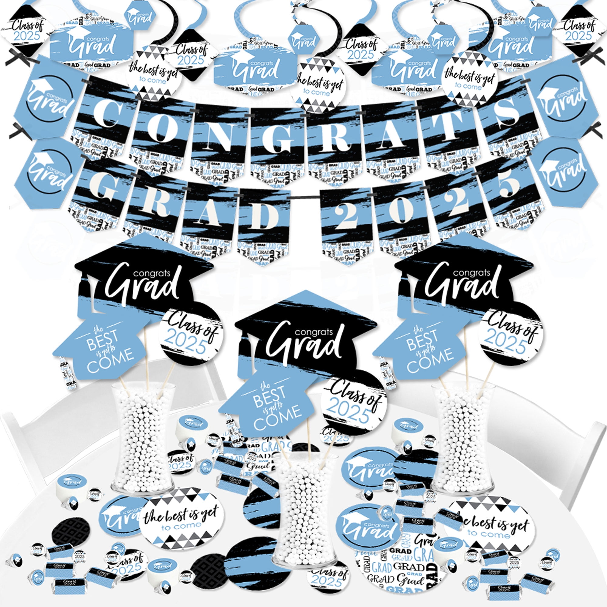 Light Blue and Black Graduation Party Decoration Kit - 387 Pieces