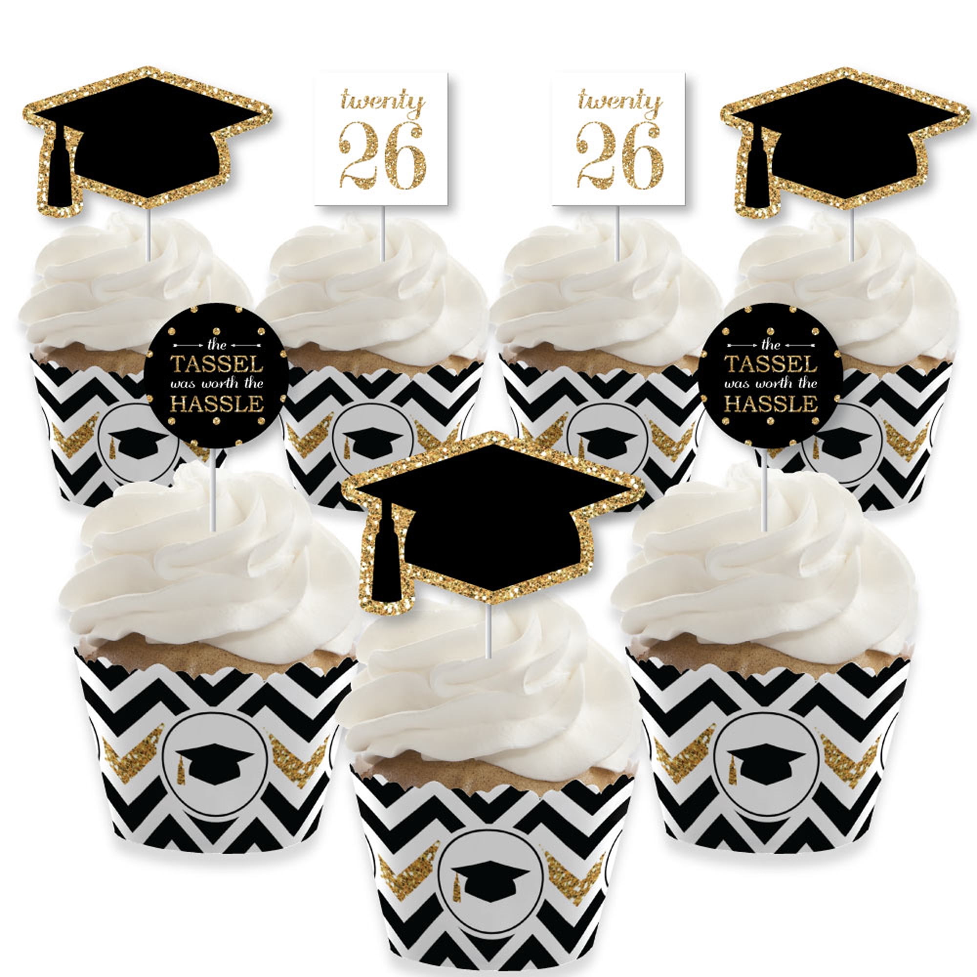 Big Dot of Happiness 2026 Gold Graduation Cupcake Decoration - Party Cupcake Wrappers and Treat Picks Kit - Set of 24