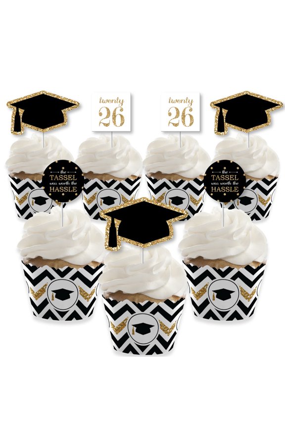2026 Gold Graduation Cupcake Decoration - Party Cupcake Wrappers and Treat Picks Kit - Set of 24