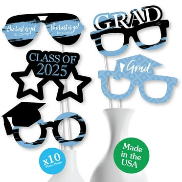 Big Dot of Happiness 2025 Light Blue Graduation Glasses - Paper Card Stock Party Photo Booth Props Kit - 10 Count