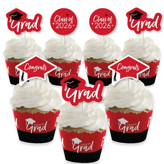 Big Dot of Happiness 2026 Red Graduation Cupcake Decoration - Party Cupcake Wrappers and Treat Picks Kit - Set of 24