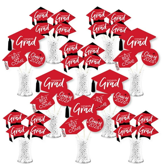 Big Dot of Happiness 2026 Red Graduation Party Centerpiece Sticks - Showstopper Table Toppers - 35 Pieces