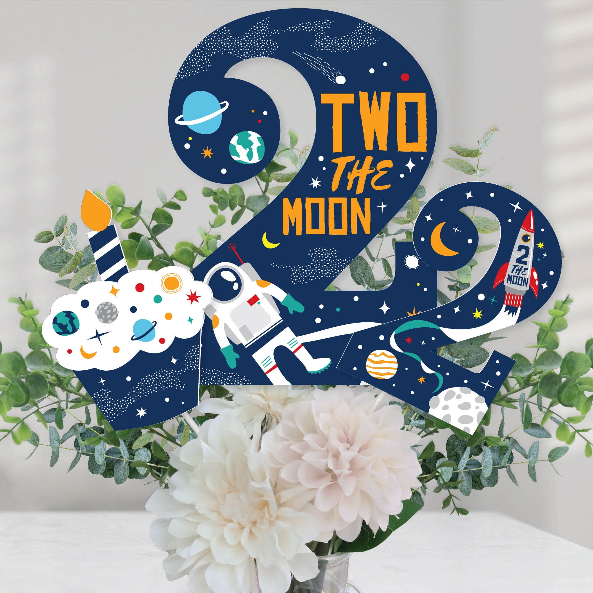 Big Dot of Happiness 2nd Birthday Two The Moon - Outer Space Second Birthday Party Centerpiece Sticks - Table Toppers - Set of 15