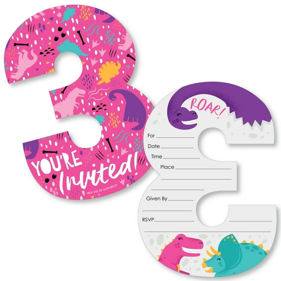 Big Dot of Happiness 3rd Birthday Roar Dinosaur Girl - Shaped Fill-In Three Rex Dino Third Birthday Party Invitation Cards with Envelopes - 12 Ct