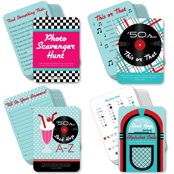 Big Dot of Happiness 50s Sock Hop - 4 1950s Rock N Roll Party Games - 10 Cards Each - Gamerific Bundle