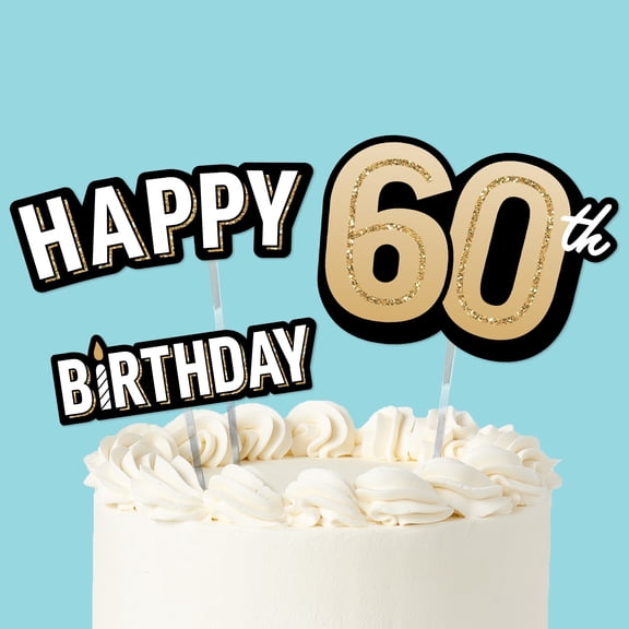 Big Dot of Happiness 60th Birthday Cake Topper Set, Black and Gold Happy 60th Birthday Party Decorations for Adult Milestone Celebrations