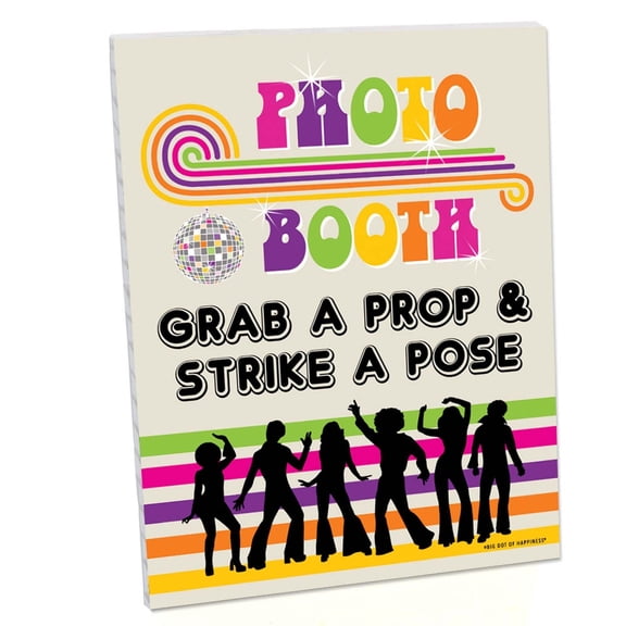 Big Dot of Happiness 70's Disco Photo Booth Sign - 1970s Disco Fever Party Decor - Printed on Sturdy Plastic - 10.5 x 13.75" - Sign with Stand - 1 Pc