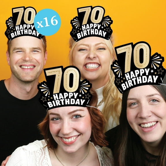 Big Dot of Happiness 70th Birthday Paper Crowns, Happy Birthday Party Headbands for Adults, DIY Black & Gold Milestone Party Hat Favors, 16 Count