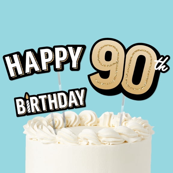 Big Dot of Happiness 90th Birthday Cake Topper Set, Black and Gold Happy 90th Birthday Party Decorations for Adult Milestone Celebrations