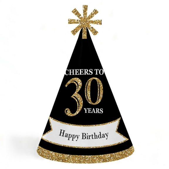 Big Dot of Happiness Adult 30th Birthday - Gold - Cone Birthday Party Hats for Adults - Set of 8 (Standard Size)