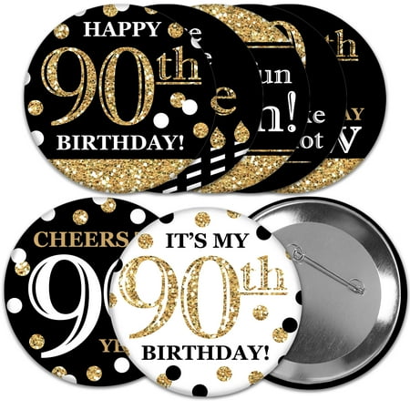 Big Dot of Happiness Adult 90th Birthday - Gold - 3 inch Birthday Party Badge - Pinback Buttons - Set of 8
