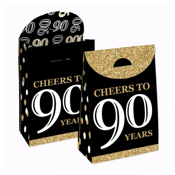 Big Dot of Happiness Adult 90th Birthday - Gold - Birthday Gift Favor Bags - Party Goodie Boxes - Set of 12