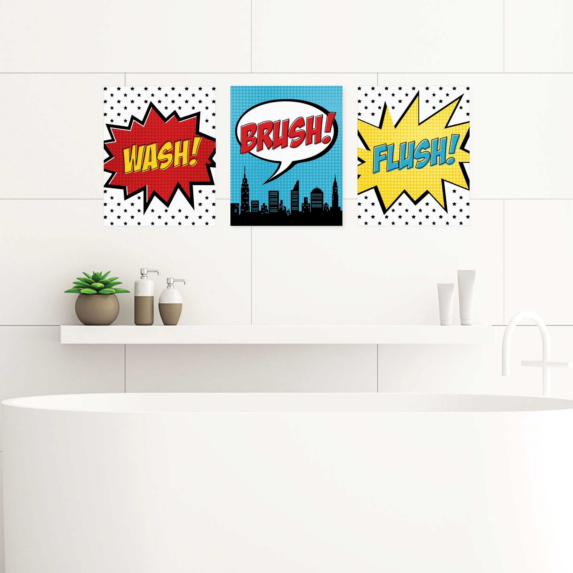 BAM! Superhero Comic Themed Bathroom Wall Art Set