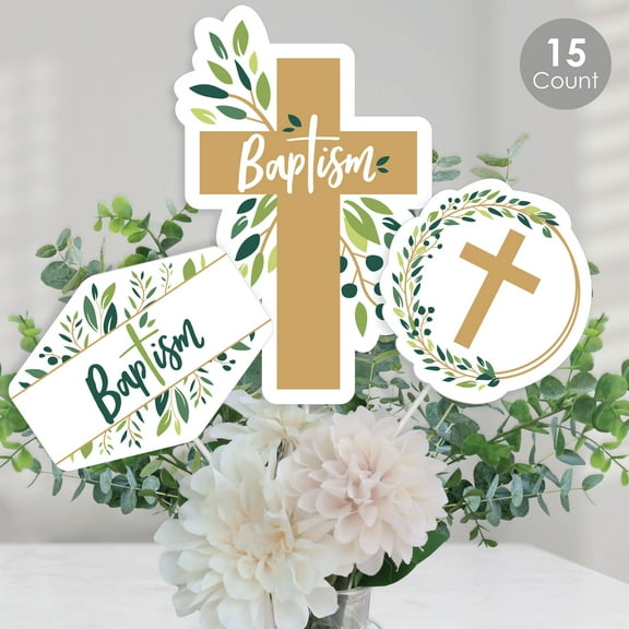 Big Dot of Happiness Baptism Elegant Cross - Religious Party Centerpiece Sticks - Table Toppers - Set of 15