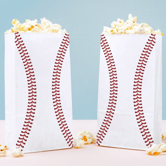 Big Dot of Happiness Baseball Popcorn Bags, Kids Sports Birthday Party Favor Snack Treats, Free-Standing Individual White Paper Bags - 25 Count