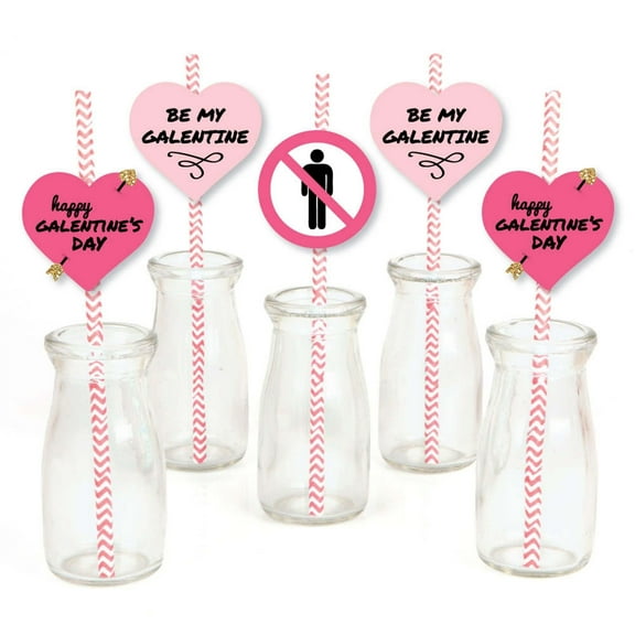 Big Dot of Happiness Be My Galentine - Paper Straw Decor - Galentine's and Valentine's Day Party Striped Decorative Straws - Set of 24