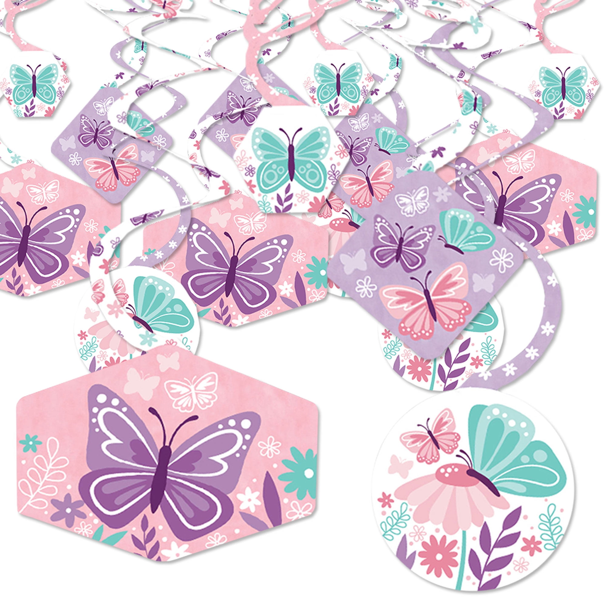 Floral Butterfly Baby Shower Hanging Decor Swirls Set of 40