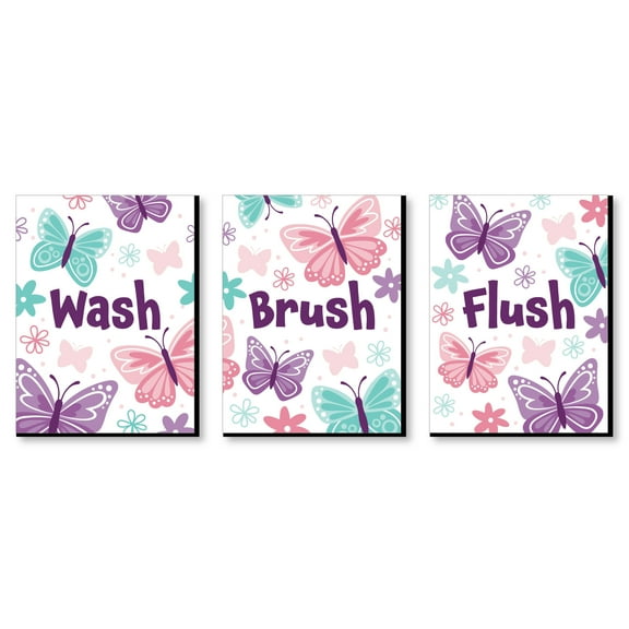 Big Dot of Happiness Beautiful Butterfly - Floral Kids Bathroom Rules Wall Art - 7.5 x 10 inches - Set of 3 Signs - Wash, Brush, Flush