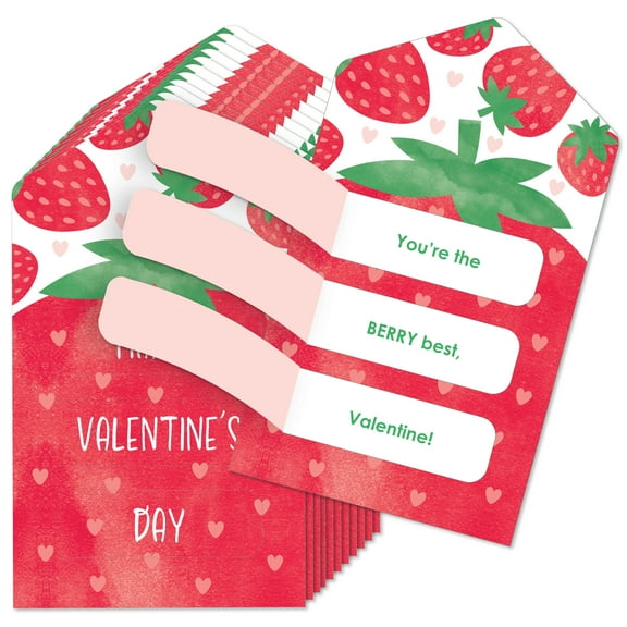 Big Dot of Happiness Berry Sweet Strawberry - Fruit Cards for Kids - Happy Valentine's Day Pull Tabs - Set of 12
