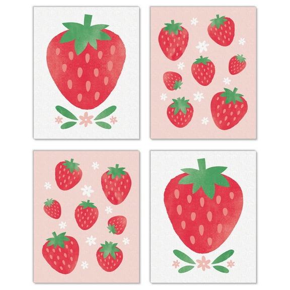 Big Dot of Happiness Berry Sweet Strawberry - Unframed Fruit Kitchen Linen Paper Wall Art - Set of 4 - Artisms - 8 x 10 inches