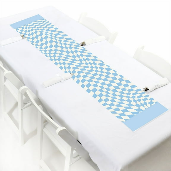 Big Dot of Happiness Blue Checkered Party - Petite Paper Table Runner - 12 x 60 inches