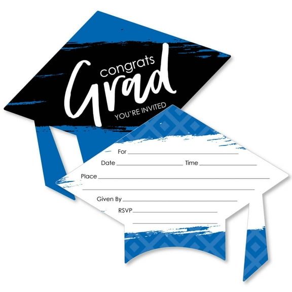 Big Dot of Happiness Blue Graduation Party Invitations - Shaped Fill-In Invite Cards with Envelopes - Set of 12