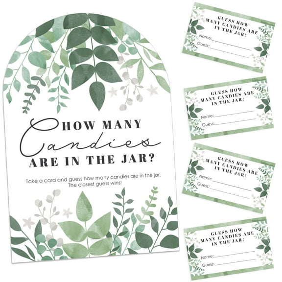 Big Dot of Happiness Boho Botanical - How Many Candies Greenery Party Game - 1 Stand and 40 Cards - Candy Guessing Game