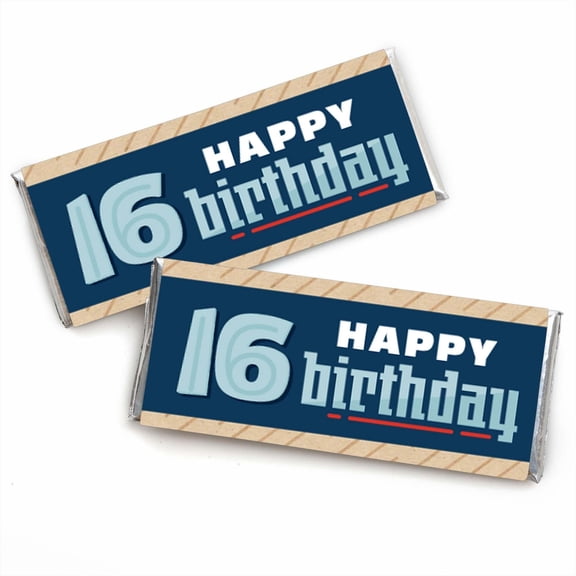 Big Dot of Happiness Boy 16th Birthday - Candy Bar Wrapper Sweet Sixteen Birthday Party Favors - Set of 24
