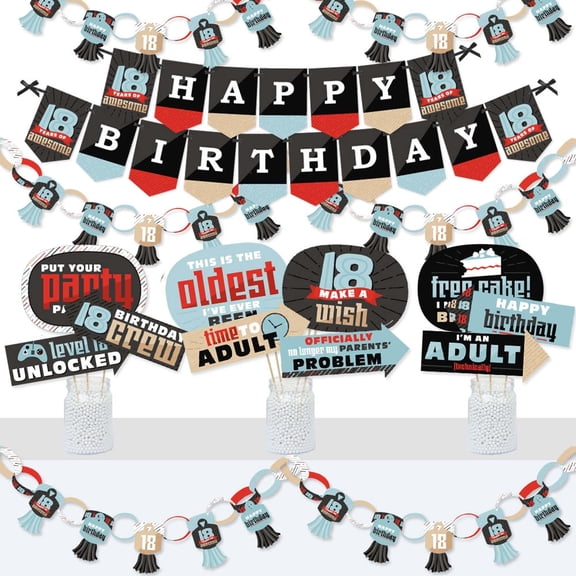 Big Dot of Happiness Boy 18th Birthday - Banner and Photo Booth Decorations - Eighteenth Birthday Party Supplies Kit - Doterrific Bundle