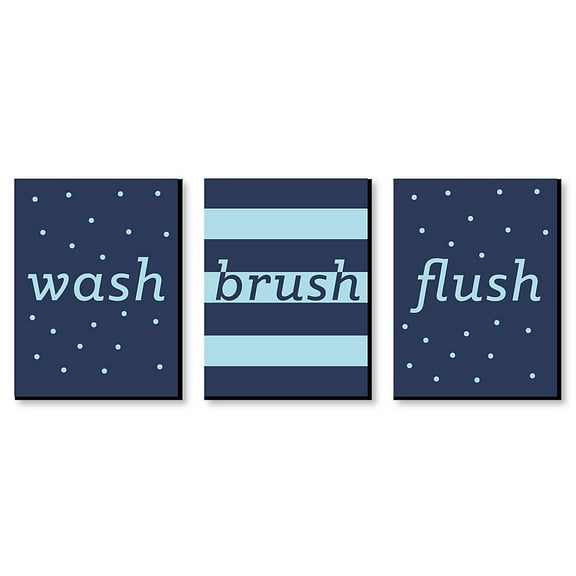 Big Dot of Happiness Boy - Blue and Navy - Kids Bathroom Rules Wall Art - 7.5 x 10 inches - Set of 3 Signs - Wash, Brush, Flush