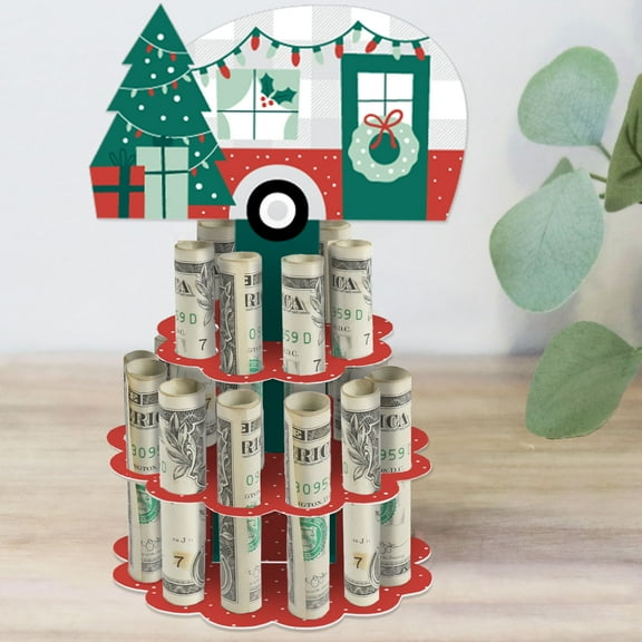 Big Dot of Happiness Camper Christmas - DIY Red and Green Holiday Party Money Holder Gift - Cash Cake