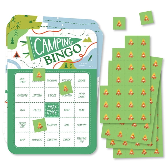 Big Dot of Happiness Camping Bingo Cards and Markers, Happy Camper Kids Birthday Party Activity, Camping-Themed Party Bingo Game - Set of 18
