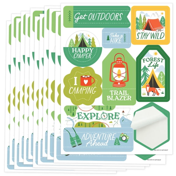 Big Dot of Happiness Camping Favor Sticker Sheet Sets, Happy Camper Party Activity, Kids Birthday Party Favors - 12 Sheets - 120 Stickers