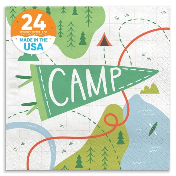 Big Dot of Happiness Camping Napkins, Happy Camper Kids Birthday Party Decor, White 3-Ply Paper Luncheon Dinner Napkins - 24 Count
